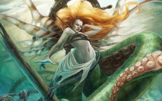 Woman sword octopus ship fantasy - donato giancola free wallpaper