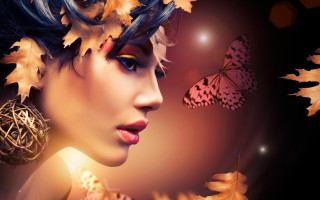 Woman butterfly head nose leaves - her head and a butterfly free wallpaper