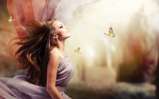 Woman flying butterflies long hair - a storybook illustration free wallpaper