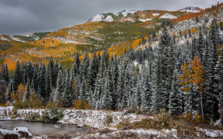 Mountain lake trees snowy background - a cloudy sky above free wallpaper