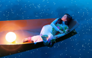 Woman boat water starry sky - side and a star free wallpaper