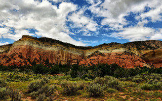 Mountain clouds trees bushes nature - kodachrome free wallpaper