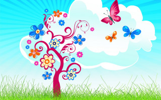 Tree flowers butterflies field sky - flower and butterflies free wallpaper for desktop