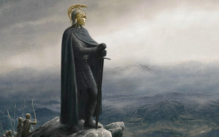 Man sword rock mountain range - a painting of a man free wallpaper for desktop