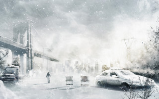 Man walking snow bridge cityscape - a painting of a man free wallpaper