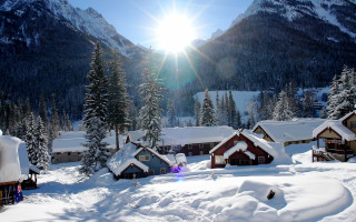 Snowy mountain village sunshine forest - shining free wallpaper