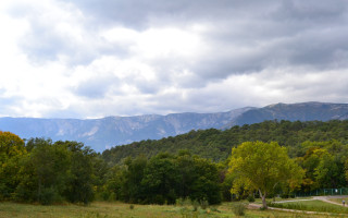 Mountain range road grassy field - a grassy field in the foreground free wallpaper