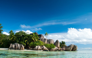 Tropical island palm trees rocks 6 - a few white cloud free wallpaper