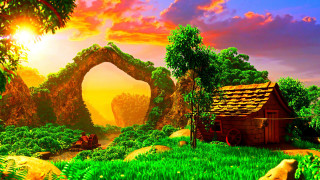 Small house sunset rock arch - a lush green field free wallpaper