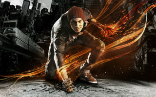 Crouching man fire ice cityscape - him free wallpaper for desktop
