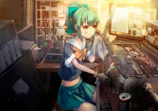 Girl blue dress sitting desk - chizuko yoshida free wallpaper