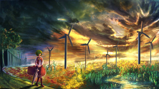 Woman windmill field wind turbines - solarpunk free wallpaper
