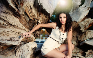 Woman white dress tree trunk 2 - a cave painting free wallpaper