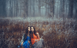 Two women field woods snow - anka zhuravleva free wallpaper
