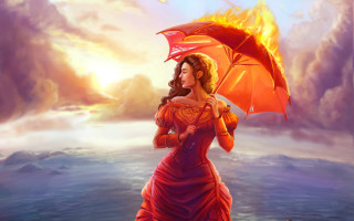 Woman red dress orange umbrella - a sunset sky free wallpaper for desktop