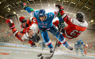 Hockey players crowd ice rink - a group of people playing free wallpaper