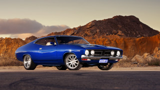 Blue muscle car mountain sunset - a.d.m. cooper free wallpaper for desktop