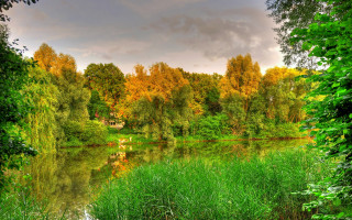 Lake trees grass clouds autumn 2 - a few cloud free wallpaper for desktop