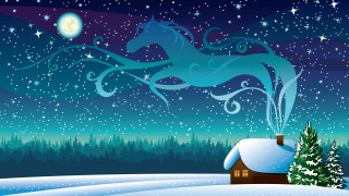Horse snow house tree moon - a full moon in the background free wallpaper for desktop