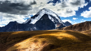 Mountain snow capped trail cloudy 2 - peak in the distance free wallpaper