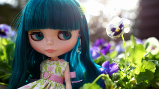 Blue haired doll flower garden - blue hair free wallpaper for desktop