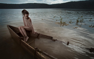 Woman boat lake mountain photorealistic - a mountain in the background and a body of water free wallpaper