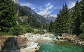 River bridge mountains forests rocks - free landscape wallpaper
