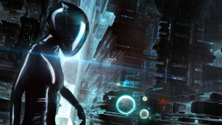 Futuristic woman cyberpunk cityscape bridge - scifi free wallpaper