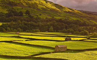 Green field house mountain clouds 2 - dave kendall free wallpaper