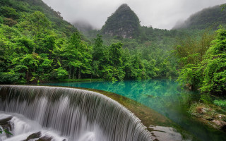 Waterfall blue pool trees mountains - cao buxing free wallpaper
