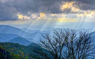 Bare tree mountain sunset cloudy - a sunbeam in the background free wallpaper
