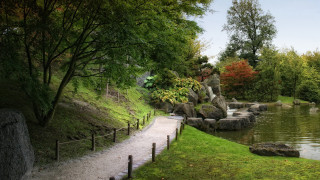 Park pond path bench trees - a stone path free wallpaper