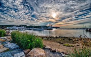 Sunset harbor boats rocks grass 2 - fitz henry lane free wallpaper