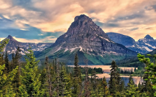 Mountain lake forest sunset clouds - beautiful landscape free wallpaper