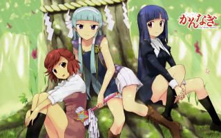 Anime girls tree woods sitting - their leg free wallpaper