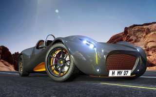 Futuristic car desert mountains sun - a bright sun free wallpaper