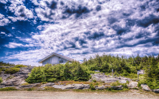 Hill house cloudy sky trees - white cloud free wallpaper