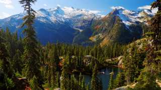 Mountain lake forest sky waterfall 4 - mountain in the background free wallpaper