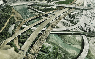 Highway bridge tallbuildings nature overgrown - tall building and trees free wallpaper