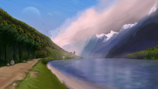 Mountain lake path forest sky - a painting of a mountain lake free wallpaper