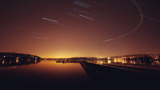 Lake starry sky bridge city - astrophotography free wallpaper