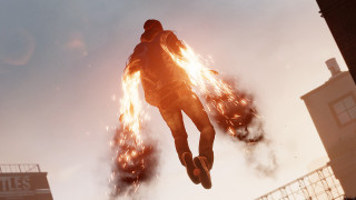 Flying man fire extinguisher city - explosion free wallpaper for desktop