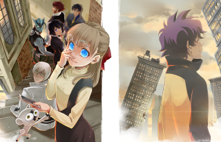 Anime couple city street background - building and people free wallpaper