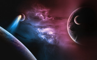 Planets brightlight darkbackground redblue space - hue free wallpaper