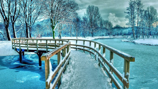 Wooden bridge frozen river snowy - frozen free wallpaper