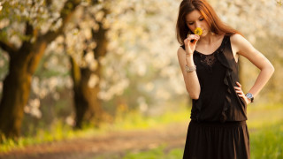 Woman black dress flowers outdoors - a park free wallpaper for desktop