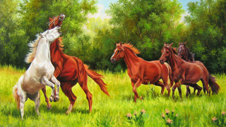 Horses running field trees american - canvas painting free wallpaper