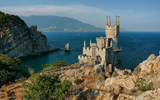 Castle cliff ocean mountains boat - andrey yefimovich martynov free wallpaper