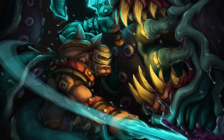 Cartoon sword demon glowing mouth - his hand and a demon in the background free wallpaper for desktop