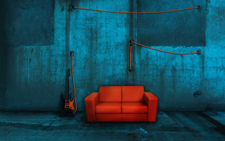Red couch guitar blue light - a room next free wallpaper